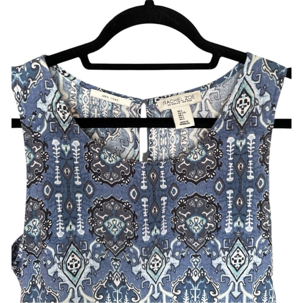 Rachel Zoe Womens Dress Large Blue Linen Sleeveless Ikat Batik with Pockets - Picture 2 of 4